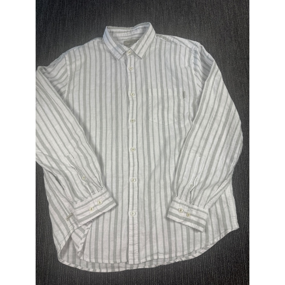 Industrie Australia Mens Large Linen Blend Striped Long Sleeve Shirt Grey White